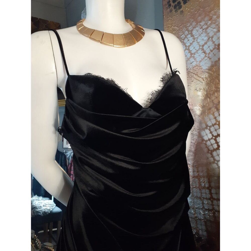 Zara Nwt Black Velvet Asymmetric Slip Dress with Lace Trim - Picture 14 of 16